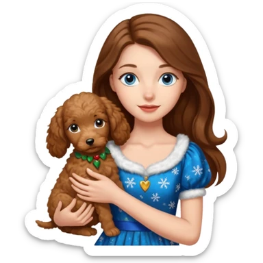 white girl with long brown hair and blue eyes wearing a christmas dress, holding a golden doodle puppy sticker