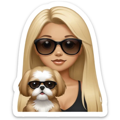 Blonde girl with long hair and black sunglasses with tan Shih Tzu sticker