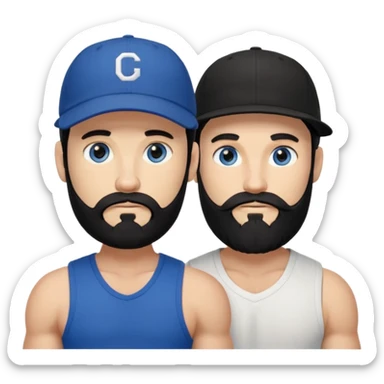 two guys, a gay couple. Guy on right, curled black hair sticking out under a baseball cap, long black beard, blue eyes, chiseled features, very tanned and very muscular. The other, pale white skin tone, very short black hair, a short beard, brown eyes, toned body. sticker