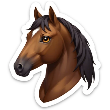 Cinematic Noble Bay Horse Portrait Emoji, Poised and regal, with a strong, athletic build and a rich, well-groomed bay fur accented by a dark mane and tail, deep-set soulful amber eyes, Simplified yet sharp and sophisticated features, highly detailed, glowing with a warm, dignified glow, high shine, intelligent and majestic, stylized with an air of equine elegance, focused and attentive, soft glowing outline, capturing the essence of a watchful and confident steed, so majestic it feels as though it could gallop out of the screen with effortless authority! sticker
