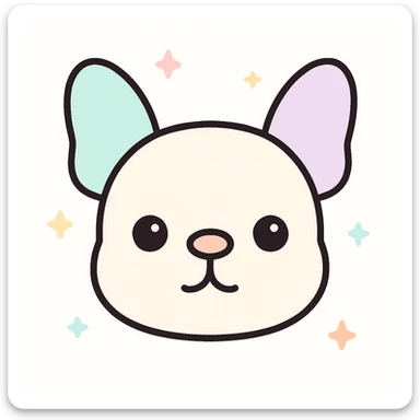Minimalist kawaii line art of a French Bulldog dog's head: round, wide head, large upright bat-like ears, very simple face with two dot eyes, tiny round nose, upside-down 'Y' mouth. Thick, bold, clean black lines on white background, symmetrical, calm and sweet expression. No color or shading, just black linework. Slightly hand-drawn but polished, child-friendly. sticker