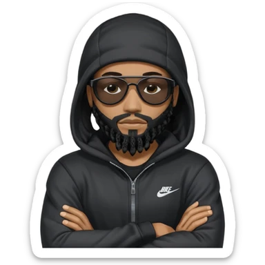 African American man with shoulder length black dreadlocks with black beard wearing black sunglasses wearing a black ski mask covering face wearing a Nike hoodie with his arms folded across chest sticker