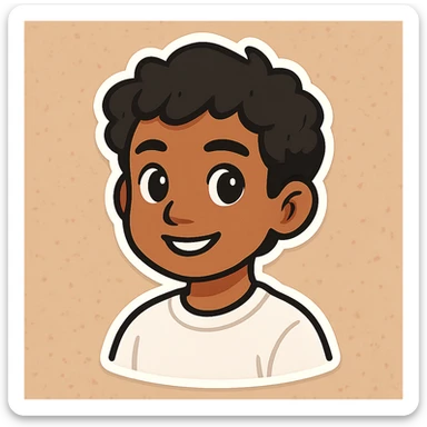Make the boy slightly darker with tanned skin, keeping his black wavy hair, black eyes, no beard or mustache, and wearing a white sweatshirt. The style should resemble cartoon sticker style. sticker