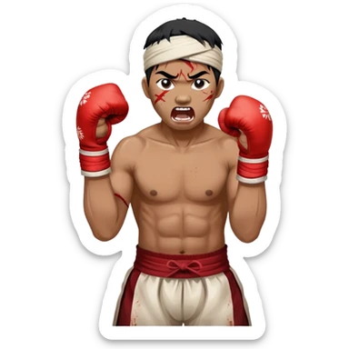 A traditional Lethwei fighter with wrapped bare fists and a traditional Burmese headband (gaung baung), shouting with fierce intensity, blood mark on glove, gritty and raw appearance, Burmese boxing sticker
