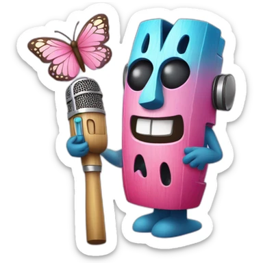 Cartoon Blue and pink tiki singing with butterfly and in the mikrophone sticker