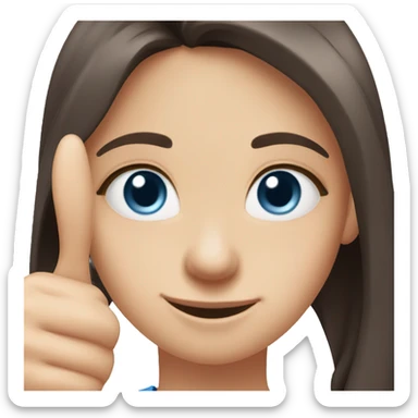 Girl with dark brown long hair, pale skin, blue eyes, light pink top, doing a thumbs up sticker