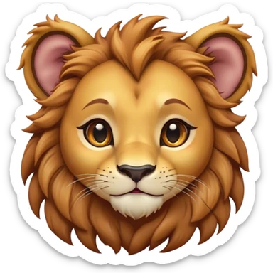 Cinematic Cute Lion Cub Portrait Emoji, Head tilted playfully and inquisitively, featuring a glossy tawny Fur with a lush mane and round, sparkling amber eyes filled with curious mischief, Simplified yet irresistibly adorable features, highly detailed, glowing with a warm, friendly glow, high shine, affectionate and spirited, stylized with a touch of jungle whimsy, bright and endearing, soft glowing outline, capturing the essence of a mischievous yet loving Lion Cub, so playful it feels like it could pounce out of the screen and into your arms! sticker