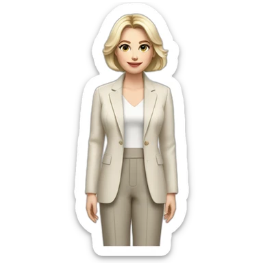 Full height Actively gesturing with hands pale skin woman with ash blonde Straightened bob Hair, White Spacious classical jacket, beige palazzo Arrow pants and gray blouse sticker