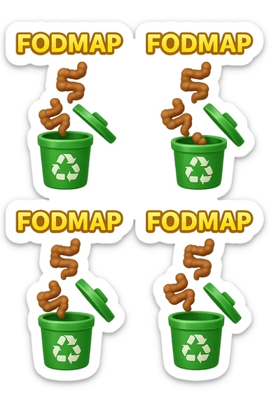 cinque scritte piccole "FODMAP" e piccoli pezzi di colon cadono in un secchio della spazzura con simbolo "recycle" sopra, stile emoji iphone, iperrealistico 4k sticker