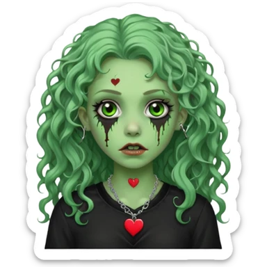 a green zombie girl with a scar on her face, long curly hair, wearing a black blouse and a silver necklace with a heart pendant downcast eyes and eyeliner sticker