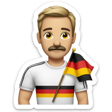 Guy standing at 45 degree angle with German flag on his shirt with his arm straight 45 degrees up and he has a mustache sticker