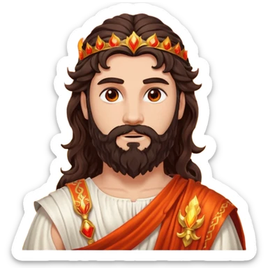 Vulcan, God of Fire from Roman Deities with long dark brown wavy hair and beard, red orange sequin toga  sticker