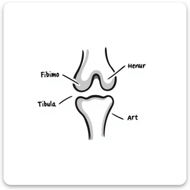 anatomical drawing of knee bones showing patella, femur, tibia, and fibula with labels sticker