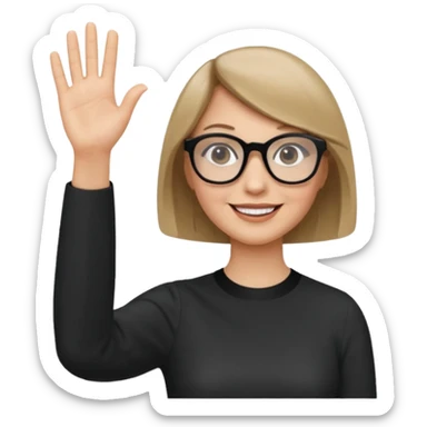 woman dark blonde petite bob haircut wears dark squarish glasses, classic clothes, smiling, waving, a tad older sticker