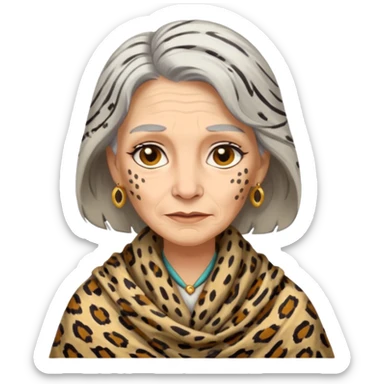 ancient white woman, tattered leopard skin shawl sticker