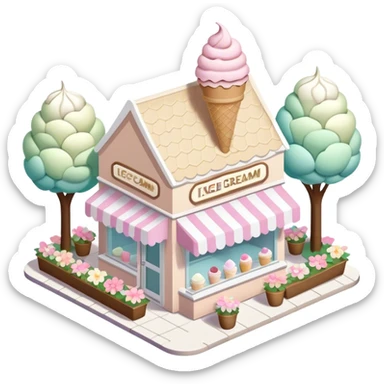 isometric exterior little beige and white ice cream parlour with abundant pastel florals everywhere sticker