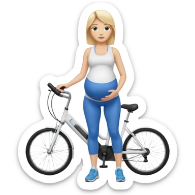 Woman blonde hair white tank top blue leggings pregnant belly holding a bike pump sticker