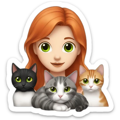 a red haired girl with green eyes surrounded by 3 black cats, 1 white and grey cat, 5 grey tabby cats sticker