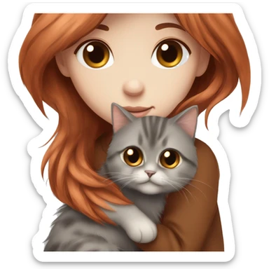 Copper red straight haired girl with dark  brown eyes hugging a fluffy brown and grey Siberian cat sticker