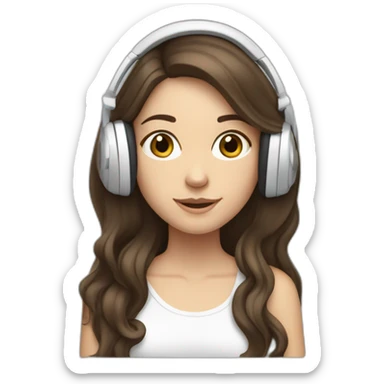 brunette white girl with long hair listening to music with her phone in her hand with white small headphones  sticker