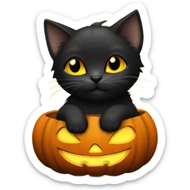 black cute kitten with yellow eyes sitting inside of a jack o lantern sticker