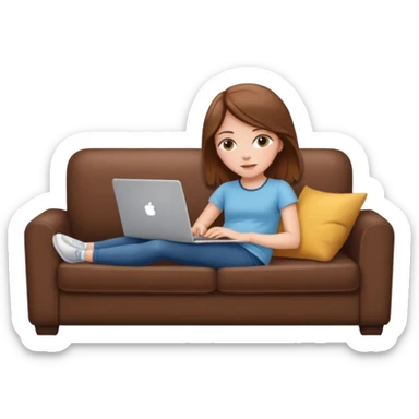 A white girl is lying on a sofa with a laptop sticker