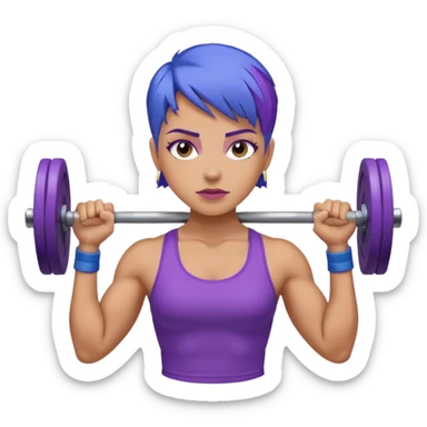 weight lift woman short blue purple har muscles bar is not growing from head sticker