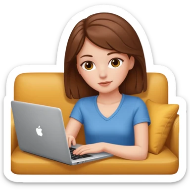 A white girl is lying on a sofa with a laptop sticker