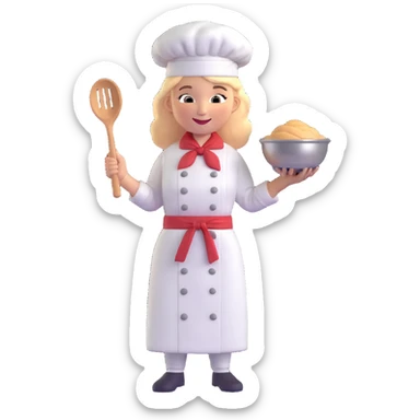 female chef character holding whisk and bowl, wearing chef hat, happy expression sticker