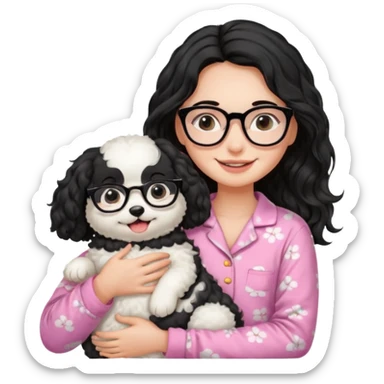 long wavy black haired girl wearing black framed glasses in a pink pjs while holding her fluffy white dog sticker