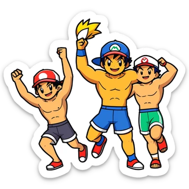 Hot handsome muscular 6ft 5inch tall smiling happy fun shirtless Ash Ketchum dancing to techno with two best friends in short swimwear sticker