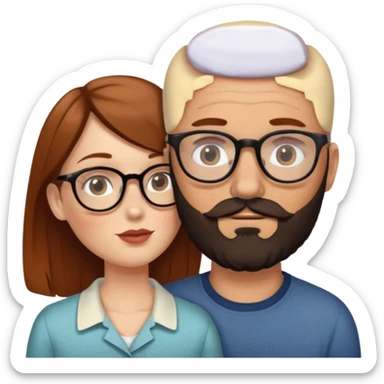 Couple. Bald man with dark brown-black beard. White woman with many small, faded freckles, she has white skin and she has auburn-brown-cinnamon, dark long hair. She has light brown eyes. The man have hazel eyes and glasses. She don’t wear glasses. Retro style. She kisses him. sticker