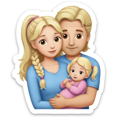 Cute family the mom with blonde long wavy hair, the doughter with blonde two pigtails, the baby and the father with brown short hair hugging each other sticker