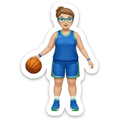 Full Body plus size white female basketball player with short light brown hair with carm highlights spike hair wearing blue glasses  wearing blue green uniform  green sneakers smiling l sticker