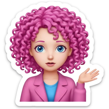 Girl in all pink outfit with pink curly hair and blue eyes shrugging  sticker