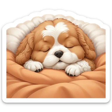 Cinematic Chubby Sleeping Cavoodle Portrait Emoji, Chubby and serene, with a round, cuddly build and a soft, curly apricot coat with subtle white patches, eyes gently closed in peaceful slumber, Simplified yet irresistibly endearing features, highly detailed, glowing with a gentle, dreamy glow, high shine, relaxed and content, stylized with a touch of whimsy, bright and heartwarming, soft glowing outline, capturing the essence of a blissfully sleepy companion, so comically serene it feels like it could roll out of the screen and snore with adorable charm! sticker