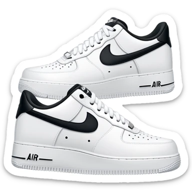 A pair of white Nike Air Force 1 sneakers side by side with Nike swoosh sticker