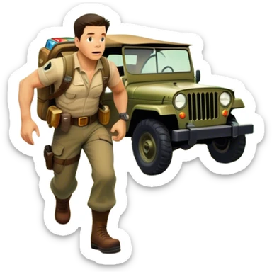 A vintage movie poster-style collage. Include action-packed elements like a treasure map, jungle scenes, a rugged explorer with a compass and a speeding jeep. Add a shadowy figure resembling close-up Mark Wahlberg in adventurous gear. Dramatic lighting, dynamic composition. Transparent background. sticker