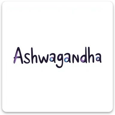The word "Ashwagandha" hand-drawn in white text with a few purple and blue color accents. Simple doodle style with clean design. sticker