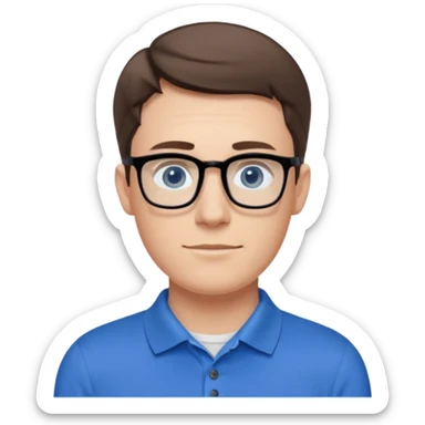 Scott The WozYoung white man, late 20s, short brown hair, blue eyes, clean-shaven, thin black rectangular glasses, slim build, wearing a blue polo shirt, friendly and energetic look. sticker