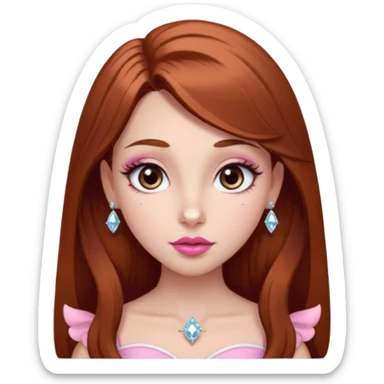 girl with fair skin, long straight reddish brown hair, big brown almond eyes, long eyelashes, thick dark eyebrows, straight nose, full pink lips with cupids bow, diamond face shape, clean girl aesthetic sticker