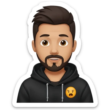 medium skin tone man with dark hair and a goatee beard, septum piercing, wearing a dark hoodie, winking sticker