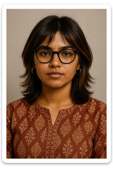 a 19-year-old girl with tan skin, shoulder-length wolfcut hair dark brown with hazel highlights, black bowline spectacles, silver hoop earrings, wearing a kurti, confident look sticker