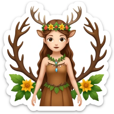 forest fairy woman dressed as deer spirit, antler crown and leaf dress, standing in flowers sticker