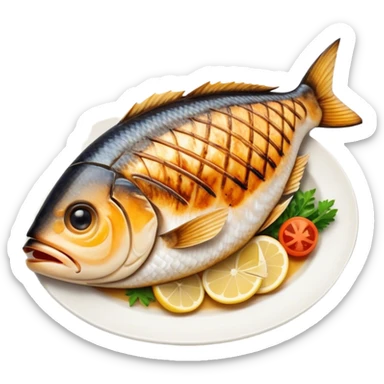 Gradele Cinematic Realistic Gradele Dish Emoji, depicted as 2 perfectly grilled fish with prominent grill marks and a smoky finish, rendered with vivid textures and dynamic, natural lighting. sticker
