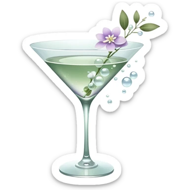 Minimalist spring aesthetic in muted sage green palette, elegant martini glass centerpiece, soft sunlight, floating bubbles, dainty white and lilac flowers, fresh leaves, glossy clean textures, modern iOS 18 style, soft gradients, airy negative space, ultra clean, calming pastel tones, 4k sticker