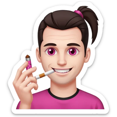 A white man with dark brown hair in a ponytail, oversized bloodshot pink eyes, grinning, smoking a long roll up sticker