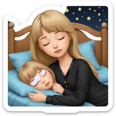 Young woman with long dark blond hair all around her, and a bang, sleeping in bed  with black pyjama  sticker