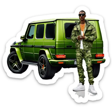 Young Dolph luxury clothes,diamond chain on,getting inside but not all the way in,just opened car door to his all orange and green colored,whole car painted army camouflage, Mercedes G Wagon sticker