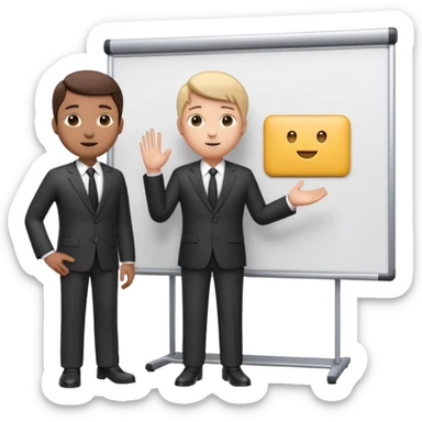 A clean emoji-style illustration of a person giving a presentation, standing next to a large presentation board on a stand, board is white and there is nothing on it, the board is oversized and clearly visible, no podium, no desk, no table, friendly proportions, soft 3D emoji style sticker